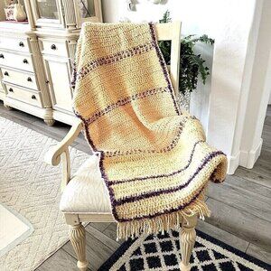Handmade Crocheted Afghan Throw Blanket  Yellow Purple Soft Fringe 30x 70 in